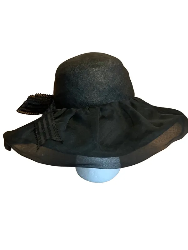 Vintage Adolfo Ii Black Wide Brim Linen Hat With Striped Bow - Image 6