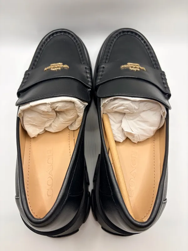 Coach Ruthie Leather Loafers Women’s 8B Black Chunky Lug Sole Platform Preppy Gold Logo - Image 5