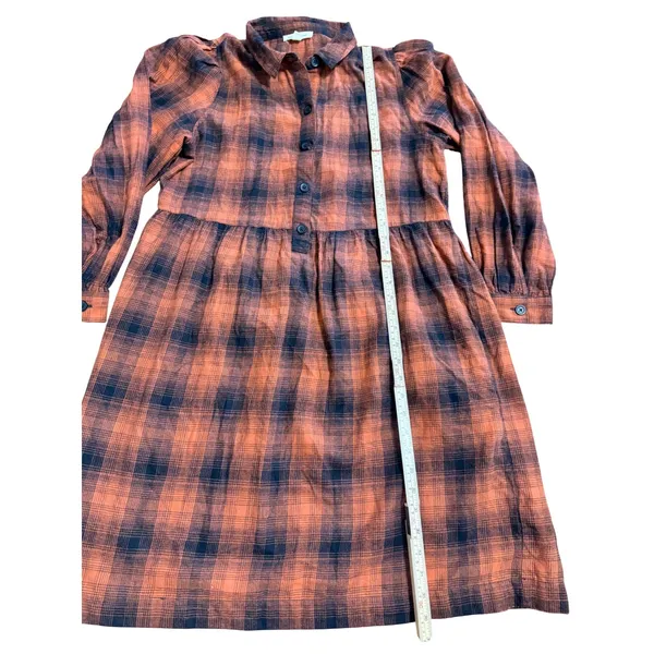 Autumn Inspired Burnt Orange Navy Plaid Button Front Empire Waist Shirt Dress M - Image 9