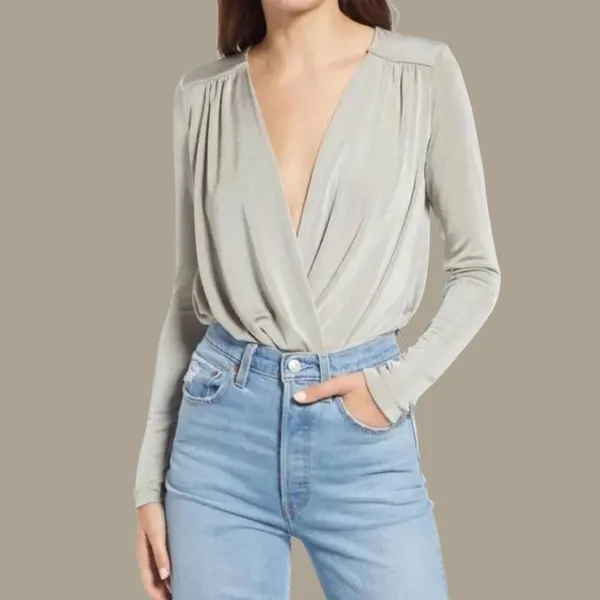Free People Intimately Turnt Drapey Bodysuit Oxide Silver Longsleeve V - Image 2