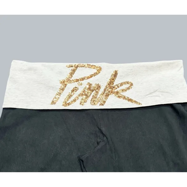 Y2k‎ Victorias Secret Pink Gold MCBling Spellout Foldover Flare Yoga Pants 2000s - Image 2