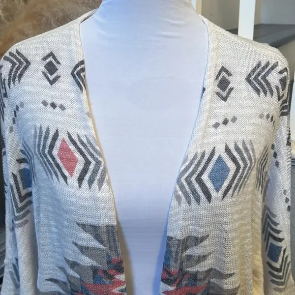 Mauve Tan & Burgundy Aztec Print Open Front Sweater WRAP Size Large - Image 2