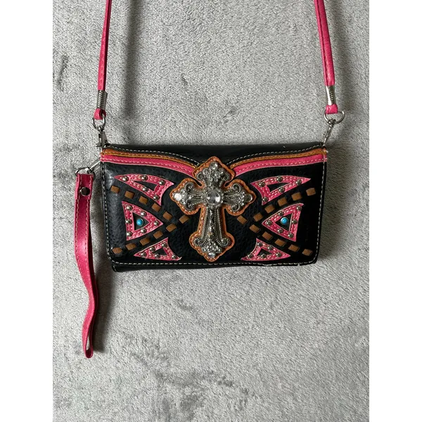 Western Rhinestone Cross Tri-Fold Wallet Crossbody Studded Cowgirl Rodeo Purse - Image 2