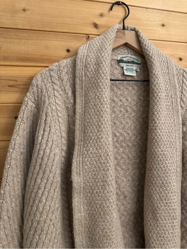 Aran Crafts XL Cream Merino Wool Cable Knit Open Front Cardigan Ireland Cozy - Image 2