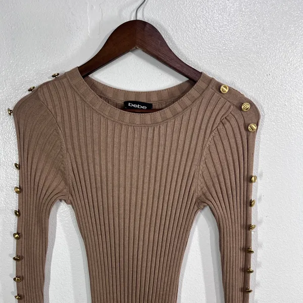 Bebe Ribbed Knit Bodycon Dress Womens XS Sesame Tan Gold‎ Button Shoulder Slit - Image 9