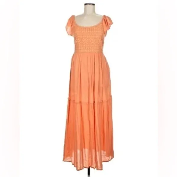 Sincerely Jules Milkmaid Tiered Maxi Dress Sleeveless Flutter Sleeve Coral Large - Image 2