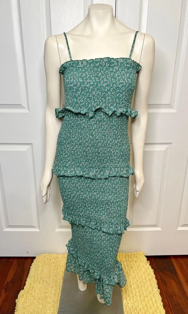 SheIn Green Floral Daisy Print Midi Smocked Bodycon Dress w/ Ruffles Size Medium - Image 7