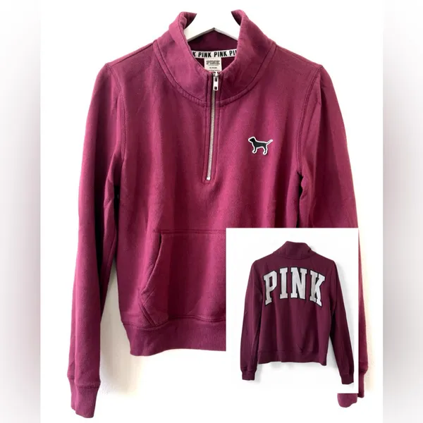 Pink Victoria's Secret Maroon Fleece Quarter Zip Size M - Image 9