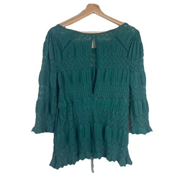 Free People Fire Island Blouse‎ Crochet Top 3/4 Sleeve Knit Green size M Boho - Image 8