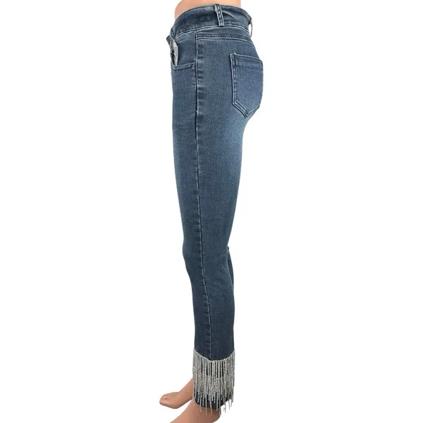 New Julianas Boutique Blue Denim High Rise Rhinestone Fringe Trim Skinny Jeans M - Image 2