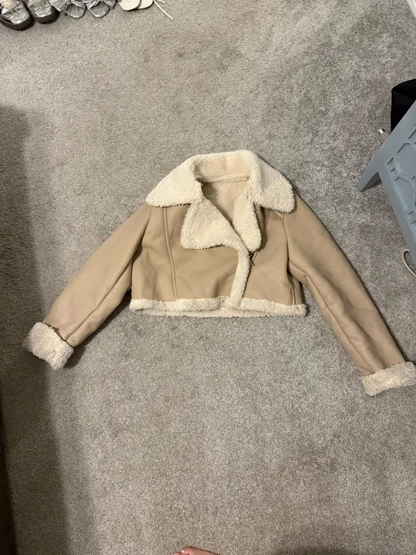 Leather Fluffy Jacket Tan - Image 2