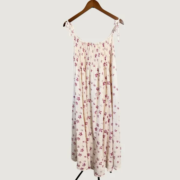 Free People Intimately Floral Smocked Gauze Midi Dress Cream Purple XS - Image 7
