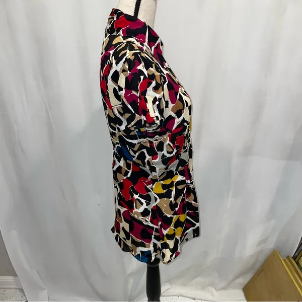 Y2K babydoll cap sleeve silk geometric blouse button front banded waist DVF - Image 3