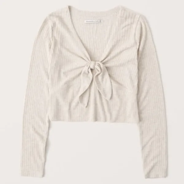 Abercrombie Long Sleeve Ribbed Knot-Front Crop Top S - Image 2