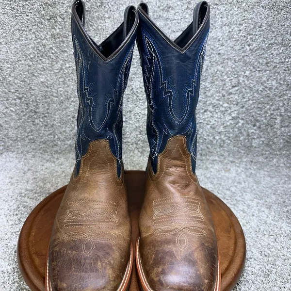 JB Dillon Reserve Men's Leather Cowboy Boots Blue Brown Square Toe Size 5.5M 7W - Image 2