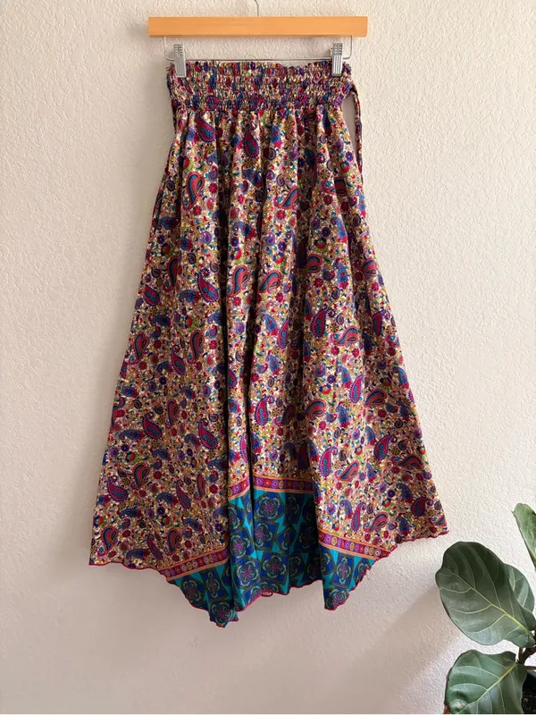 Handmade Boho Paisley Wide Leg Palazzo Pants Smocked Waist Floral Border XS/S - Image 9