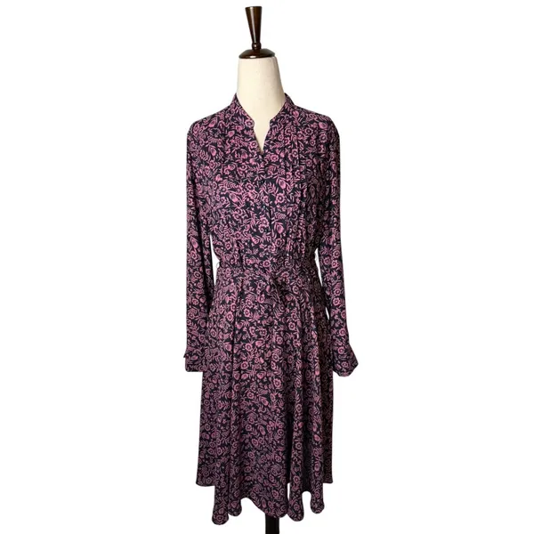 Nanette Lepore Floral Midi Dress Women 8 Navy Blue Pink Long‎ Sleeve Belted Boho - Image 2