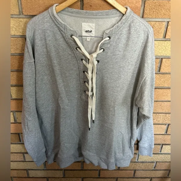 Aerie Lace Up Oversized Crew Sweatshirt Grey Size Small - Image 2