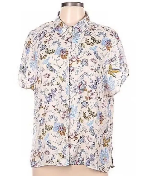 Joie Cream and Blue Floral Blouse Medium Button Down Satin Top - Image 2