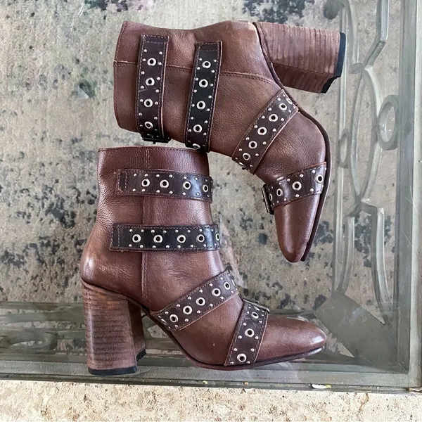 Freebird by Steven Boot Joust Ankle‎ Buckle Studded Leather Heeled Boho Brown 6 GUC - Image 5