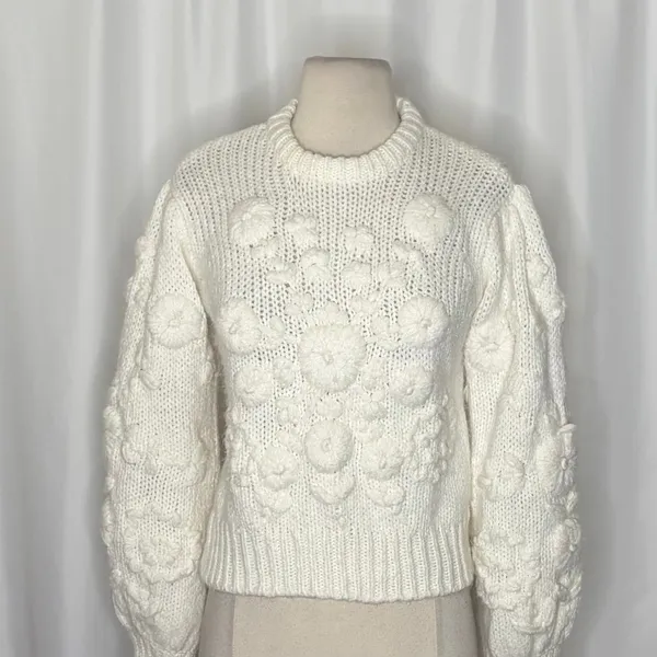 ZARA White Floral Embroidered Puff Sleeve Knit Sweater Blogger Favorite Small - Image 3
