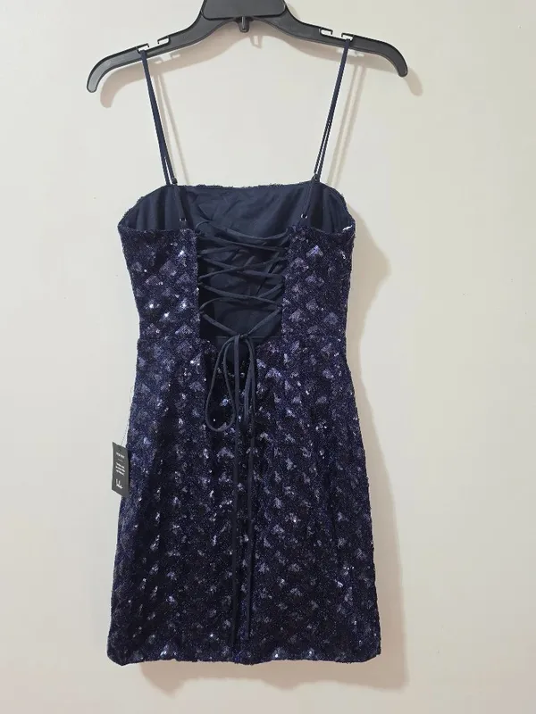 Lulus Shimmering Vibes Lurex Sequin Lace Up Mini Dress - Navy Blue - Size M - Image 6