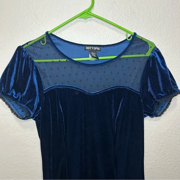 Hot Topic Blue Velvet Sweetheart Dress Whimsigoth Mesh Lace Puff Sleeve Mini M - Image 2