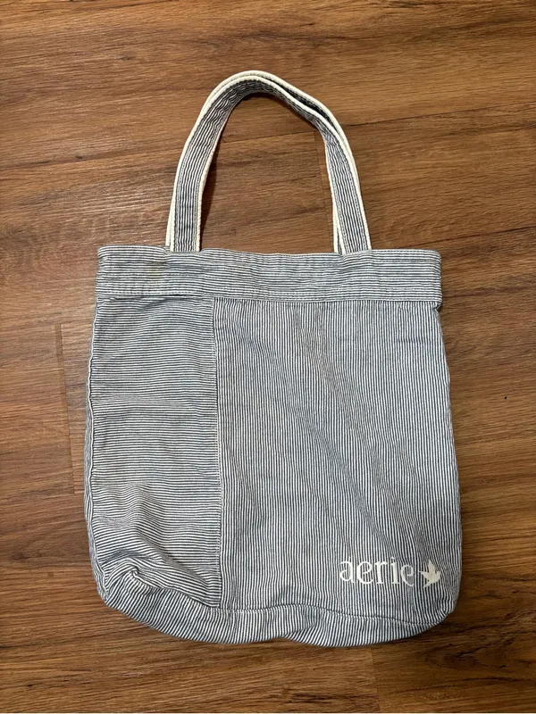 Aerie Striped Canvas Tote Bag Blue White Pocket Casual Beach Shopping Bag - Image 2