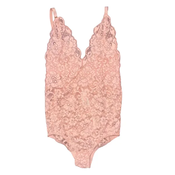 We are HAH Free People Pink Sheer Scalloped Lace Plunge Bodysuit Coquette Ballet - Image 2