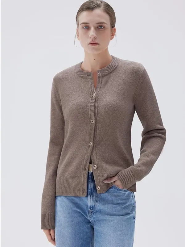 SUUKSESS Women S Camel Cashmere Blend Cardigan Sweater Gold Buttons Quiet Luxury - Image 3
