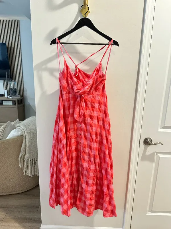 FREE PEOPLE Via Gingham Cotton Seersucker Sundress Red Combo Everly Small NWT - Image 4