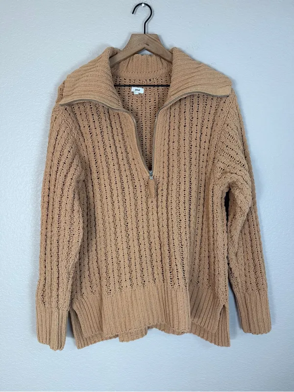 Aerie Cable Car Knit Quarter Zip Pullover Sweater Warm Camel size Medium $98 - Image 9