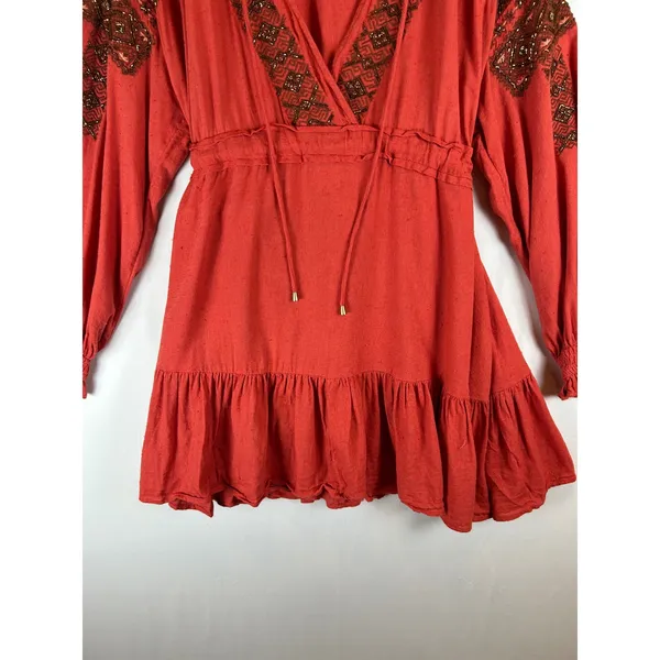 Free People Beaded Boho Tunic Dress Burnt Orange Red Long Sleeve L‎ Peasant Folk - Image 8