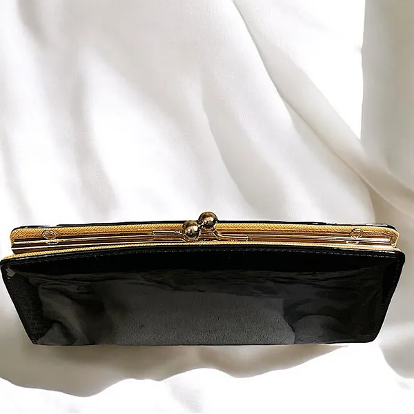 NWOT•Evening Bag•Clutch•Faux Black Patent Leather•Vintage Style Kiss Lock •Chain - Image 3
