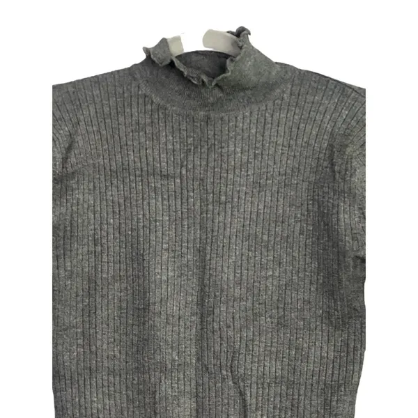 ZARA Ruffled Mock Neck Ruffle Longsleeve Rib Knit Stretch Cotton Sweater M Grey - Image 3
