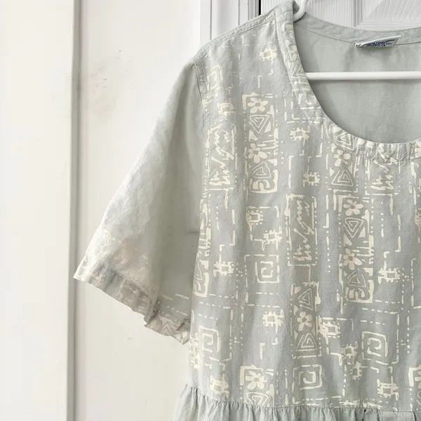 Cotton USA Light Blue Wash Graphic Print Loose Button Dress Vintage Lagenlook L - Image 10