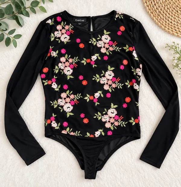 Black Floral Embroidered Bodysuit & Leggings Set - Image 3