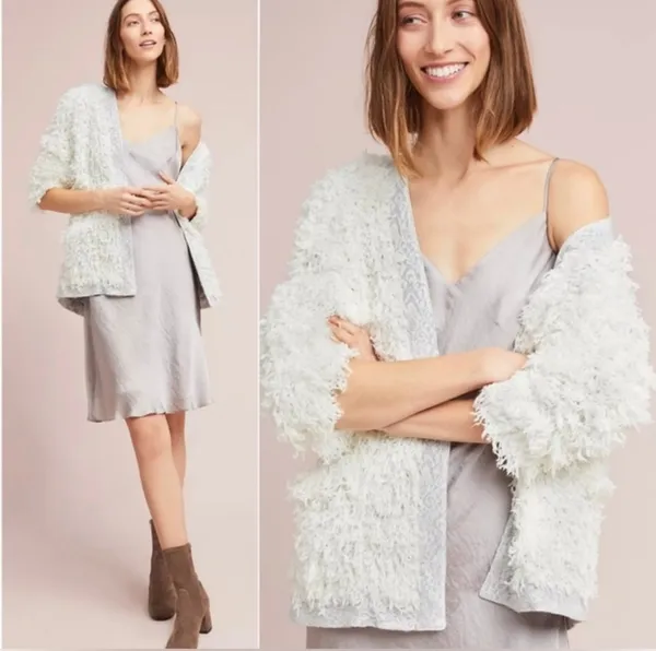 Anthropologie Vanessa Virginia Fluffy Fringe White Metallic Cardigan Soft Size S - Image 2