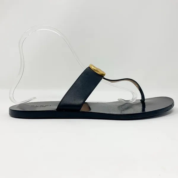 Gucci Marmont GG Black Leather Thong Sandals Gold Logo EU 38.5 - Image 4