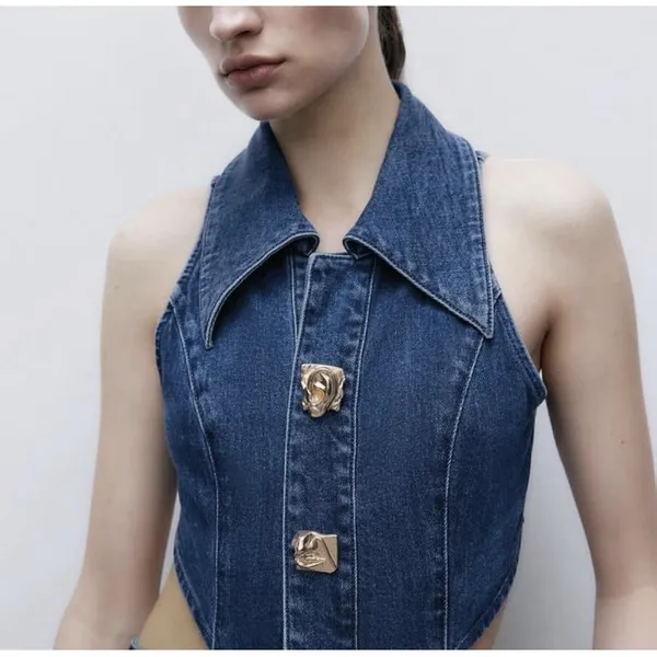 URBAN REVIVO Women's Cutout Sleeveless Lapel Denim Maxi Dress Size US‎ 6 Buttons - Image 4