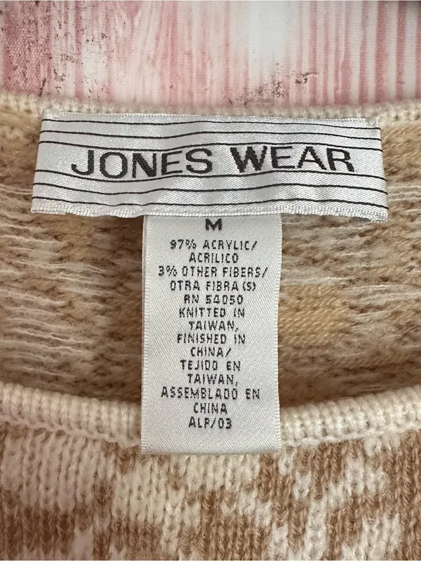 Vintage Jones Wear Cream Crewneck Tan Floral Print Striped Sweater Size M - Image 6