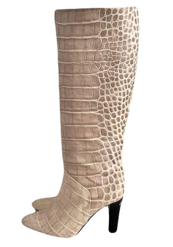 Karen Millen Ivory Croc Embossed Leather Heeled Knee High Boots, Size 38 - Image 4