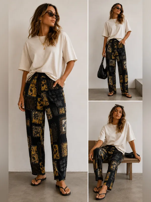 Vintage 90s Kathie Lee Patchwork Soft Pants Boho Straight Leg Lounge Pants - Image 2