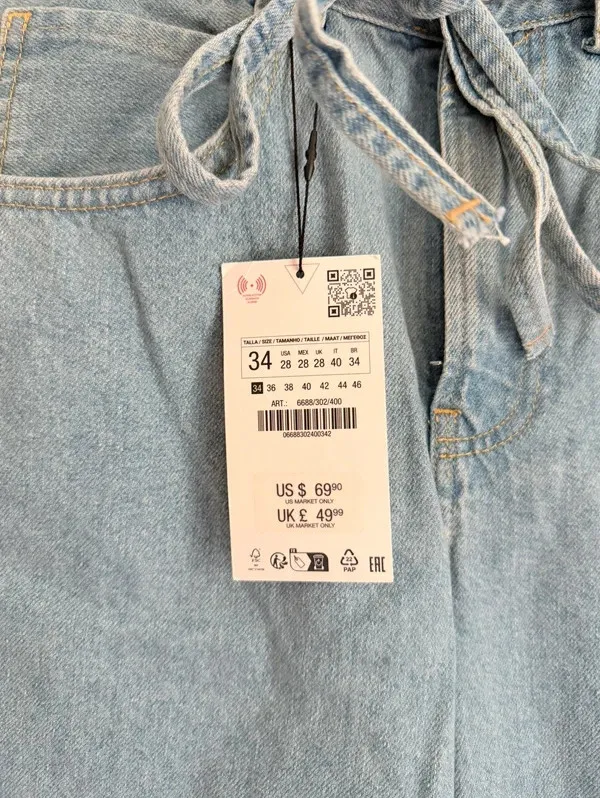 Zara NWT Light Wash Wide Leg Belted Jeans Size 28 - Image 3