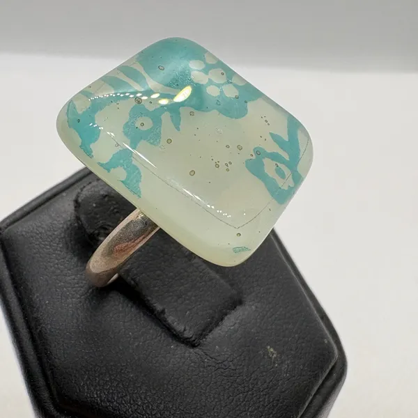 Vintage 925 Sterling Silver Art Glass Square Floral Adjustable Ring Size 6 Aqua - Image 2