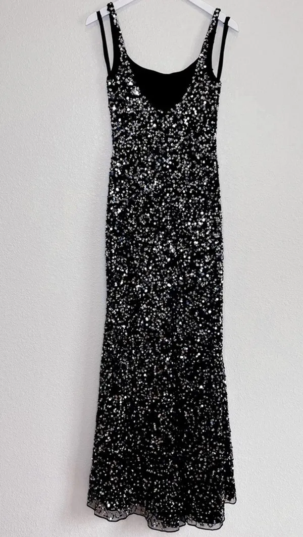 MAC DUGGAL Black Sequin Low Back Slip Gown Size 2 NWT - Image 4