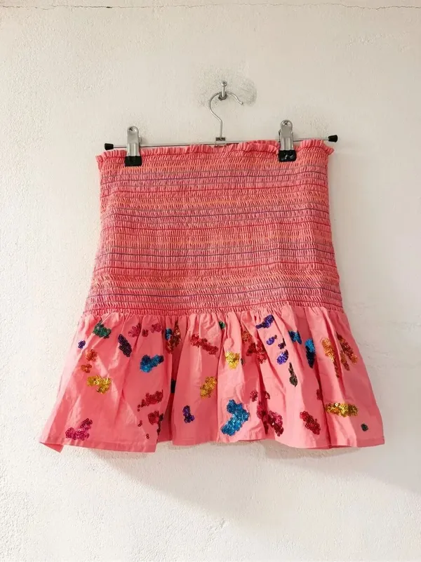 Queen of Sparkles Sequin Splatter Paint Smocked Skirt in Pink Small - Image 3