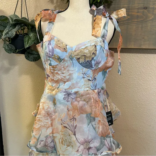NWT Lulus Playfully Posh Blue Floral Organza Tie-Strap Tiered Midi Dress - Image 4