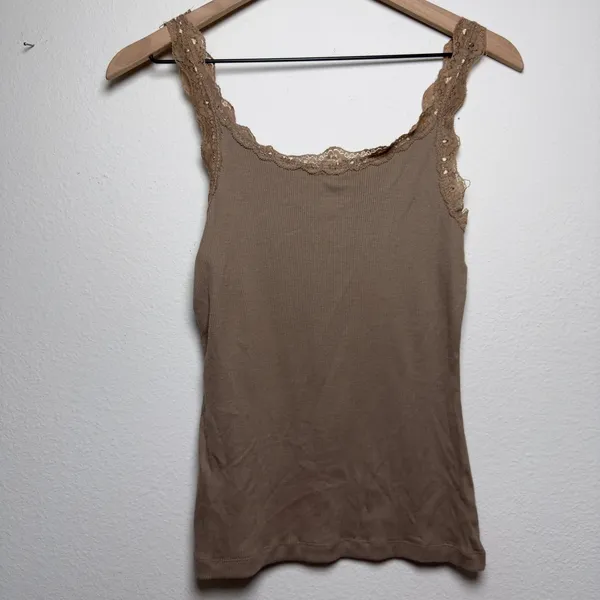 NEW Splash Women 100% Cotton Goblincore Cami Lace Top L Brown Ribbed Fairy‎ - Image 5