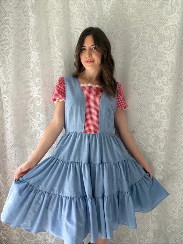 Vintage Handmade Blue Red Gingham Prairie Dress Cottagecore Puff Sleeve - Image 3